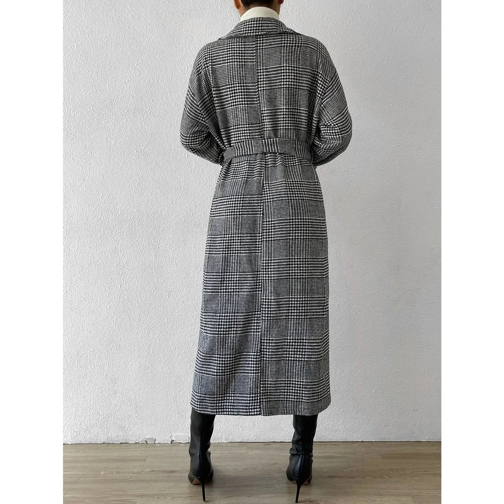 Gray black plaid long trench coat pea coat Belted Overcoat - Picture 2 of 6